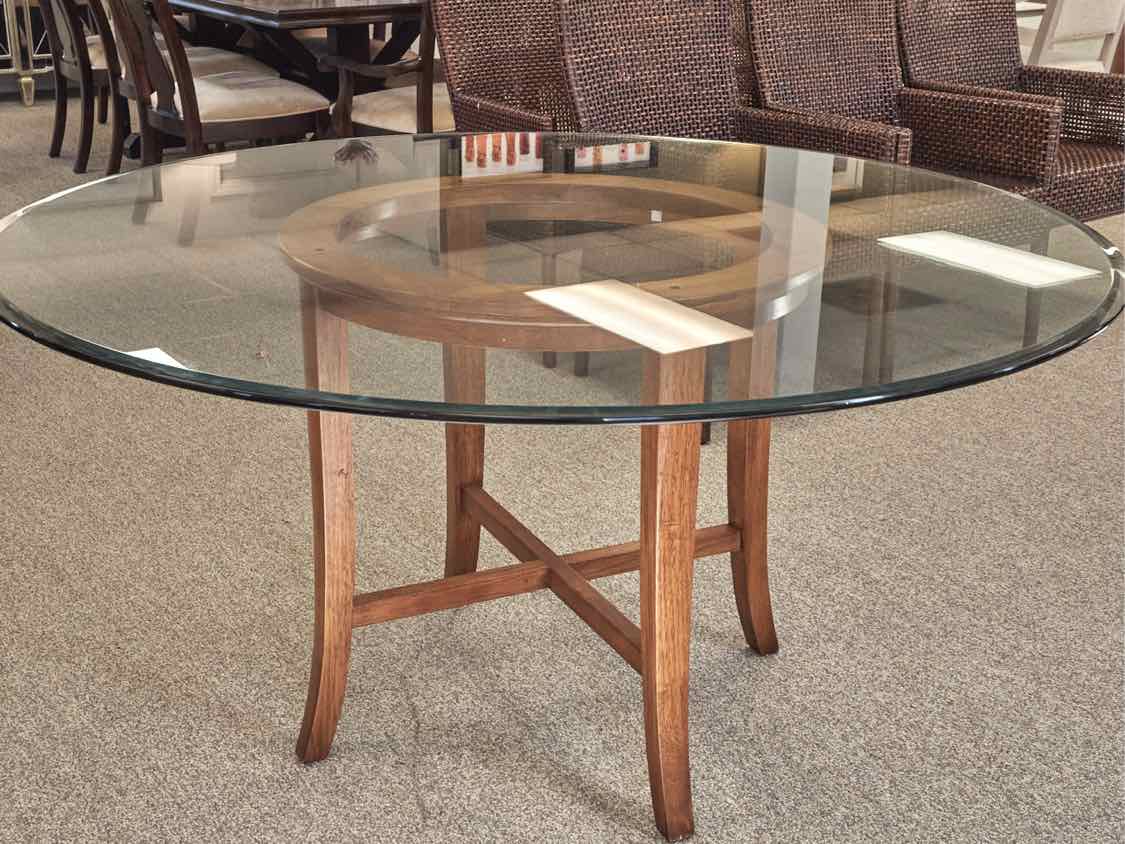 Crate & Barrel Glass Dining Table with Wood Pedestal  Base