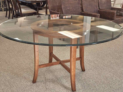 Crate & Barrel Glass Dining Table with Wood Pedestal  Base