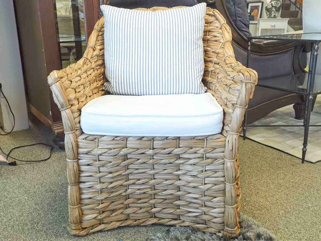 Serena & Lily Rattan Arm Chair with Striped Ottoman