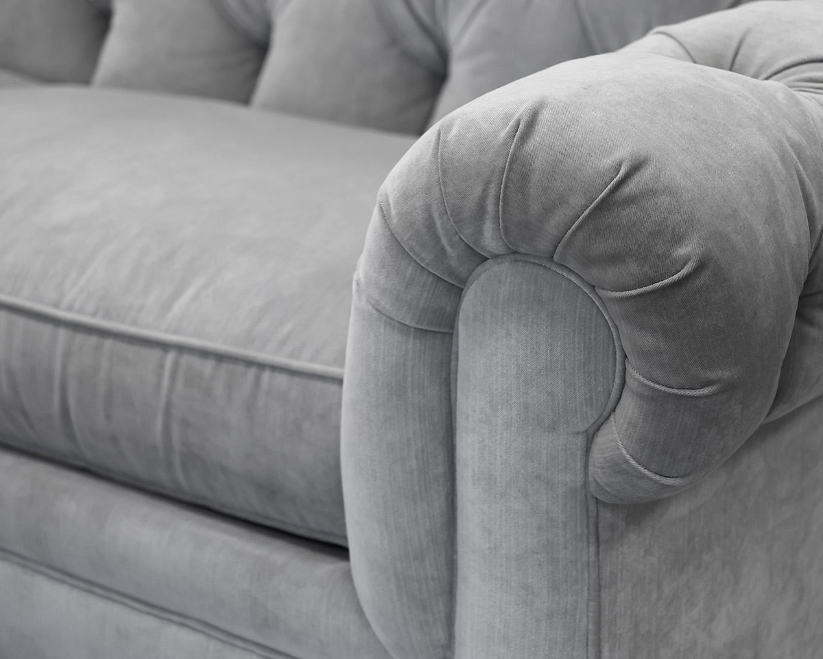 Ethan Allen Chadwick Sofa in Pale Grey Velvet on Bun Feet