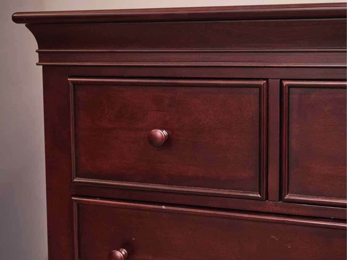Cherry 7 Drawer Dresser in Rich Color w/Raised Drawers & Wood Knobs