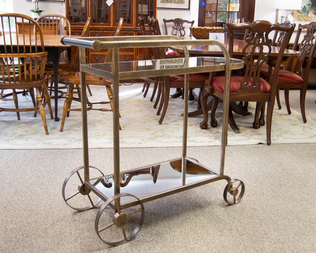 Wheeled Bar Cart in Brass Finish with Mirrored Top and Lower Shelf