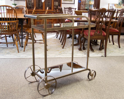 Wheeled Bar Cart in Brass Finish with Mirrored Top and Lower Shelf