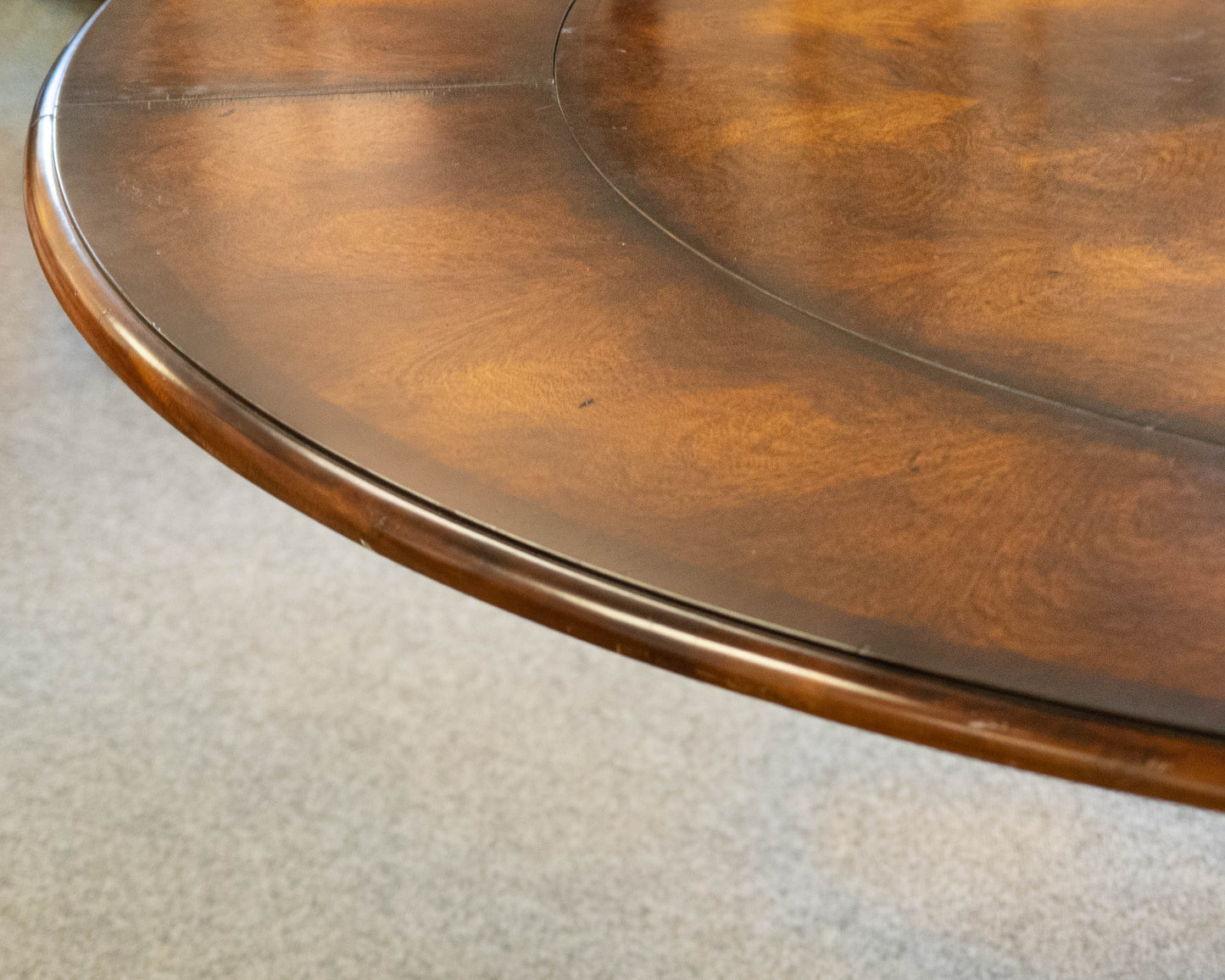 Burled Walnut  Round Dining Table On A Birdcage Base W/ 4 Permitter Leaves