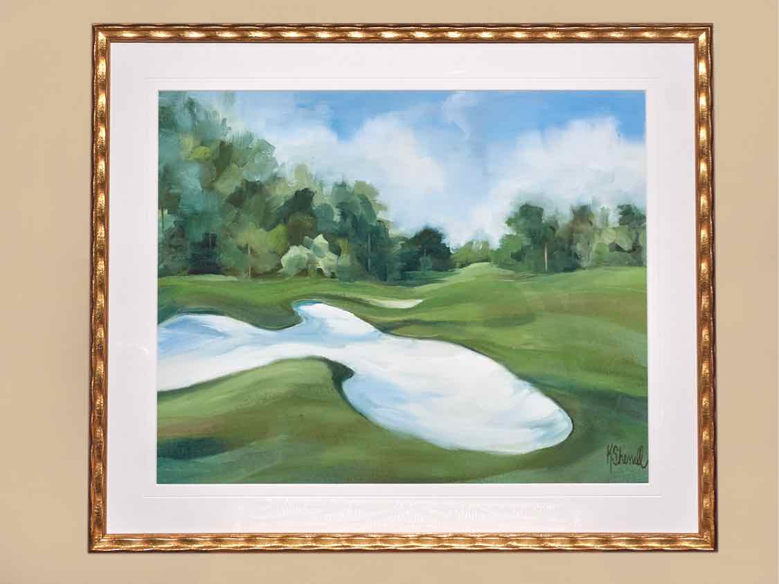 "Golf Course 1" Matted Print in Wavy Gold Frame