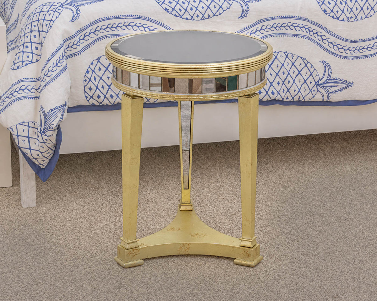 Basset Round Mirrored Regency Side Table with Gold Trim