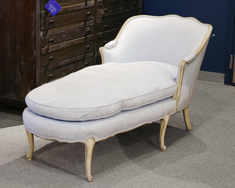 French Carved Woodframe Chaise in Pale Blue Silk
