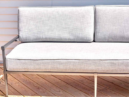 RH Gun Metal Grey Outdoor Sofa with Dove Grey Upholstered Cushions