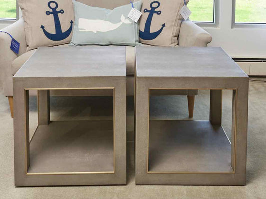 Pair of RH  Grey Shagreen Square  Side Tables with Gold Trim Accent