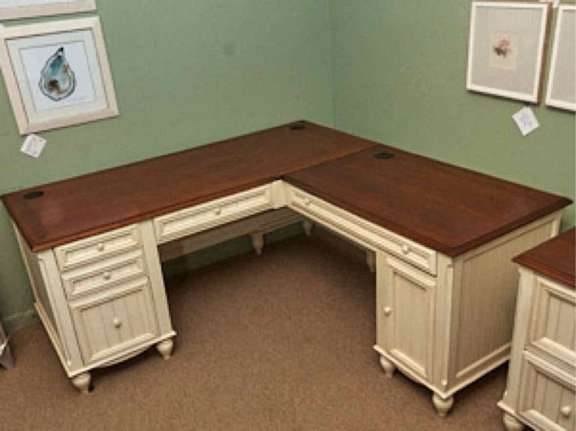Cream Finish L Shaped Desk with Cherry Top