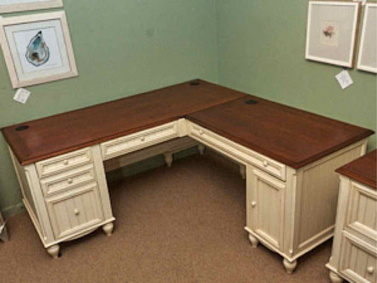Cream Finish L Shaped Desk with Cherry Top