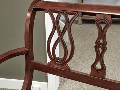 Mahogany Chippendale Style Arm Bench with Black,Ivory & Maroon Upholstered Seat