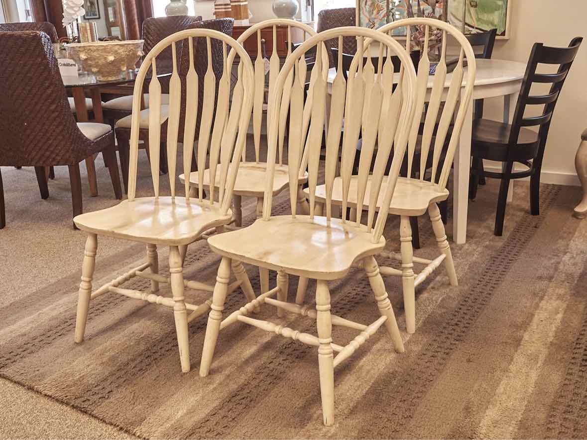 Set of Four Distressed Slat Back Chairs in Cream