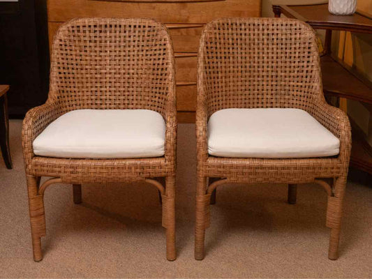 Pair of Williams Sonoma Natural Wicker Dining Chairs with Ivory Cushions