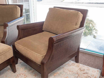 Pair of Pottery Barn Espresso Finish Cain Back  Arm Chair with Ottoman