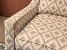 Pair of Basset Track Arm Chairs in Ivory & Grey Diamond Uphostery Feather & Down