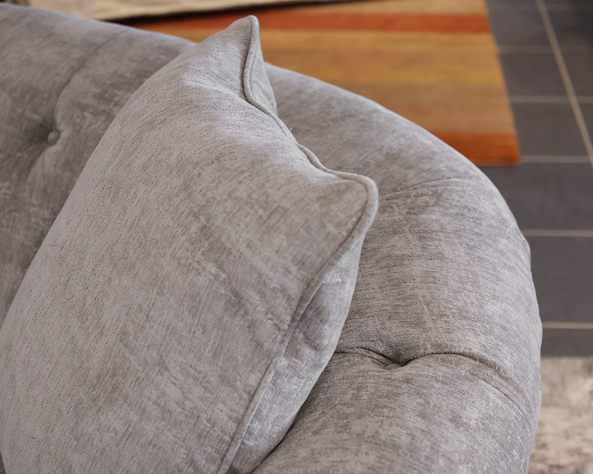 ZGallerie Tufted Sofa in Gray Chenille, Silver Nailhead Trim, Espresso Legs.