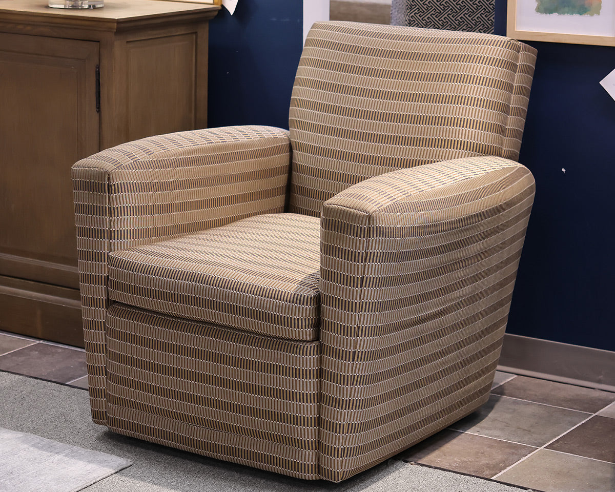 Pair of A Rudin Swivel Club Chairs in Charcoal, Ivory and Tan