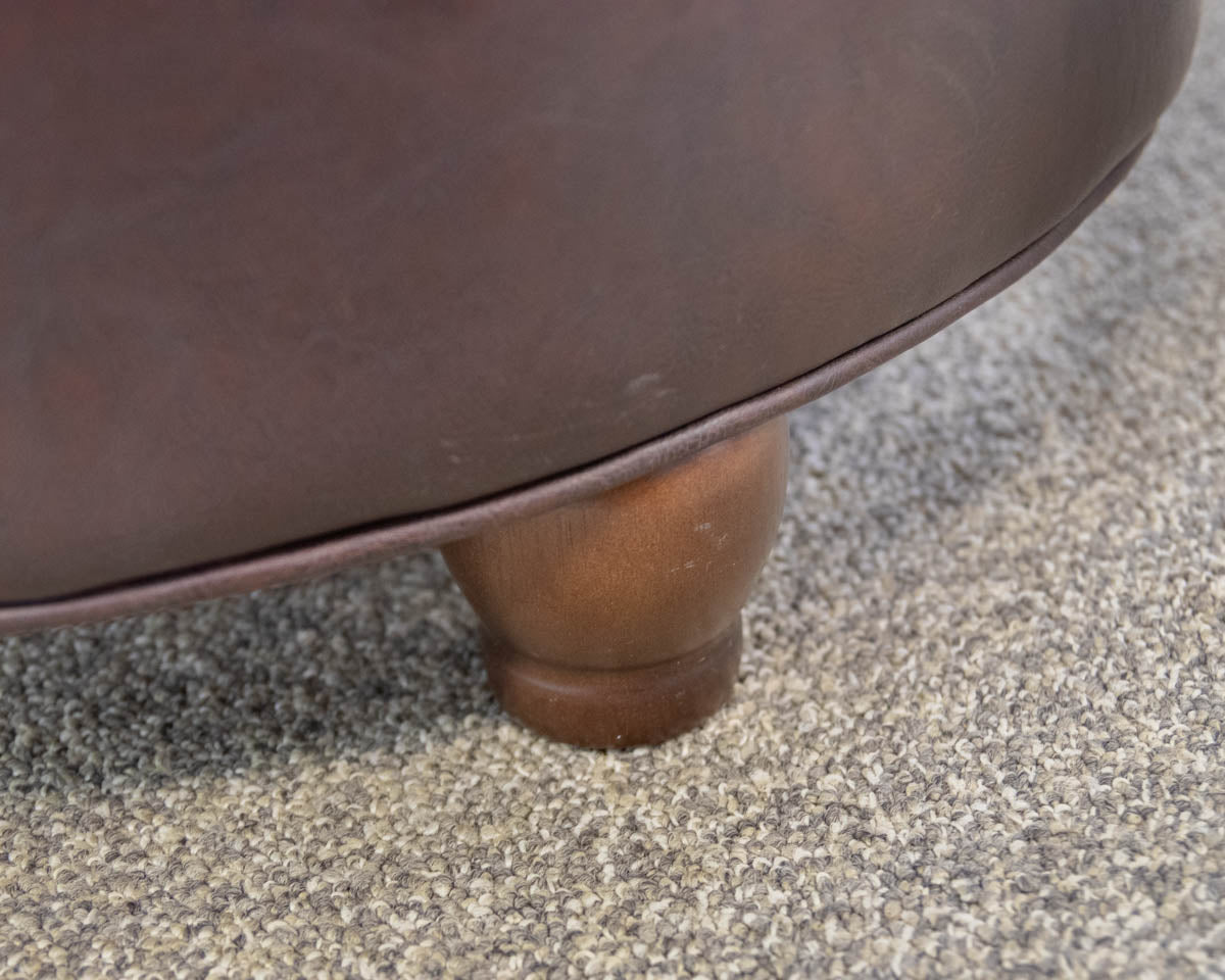 Round Button-Tufted Storage Ottoman in Dark Brown Faux Leather