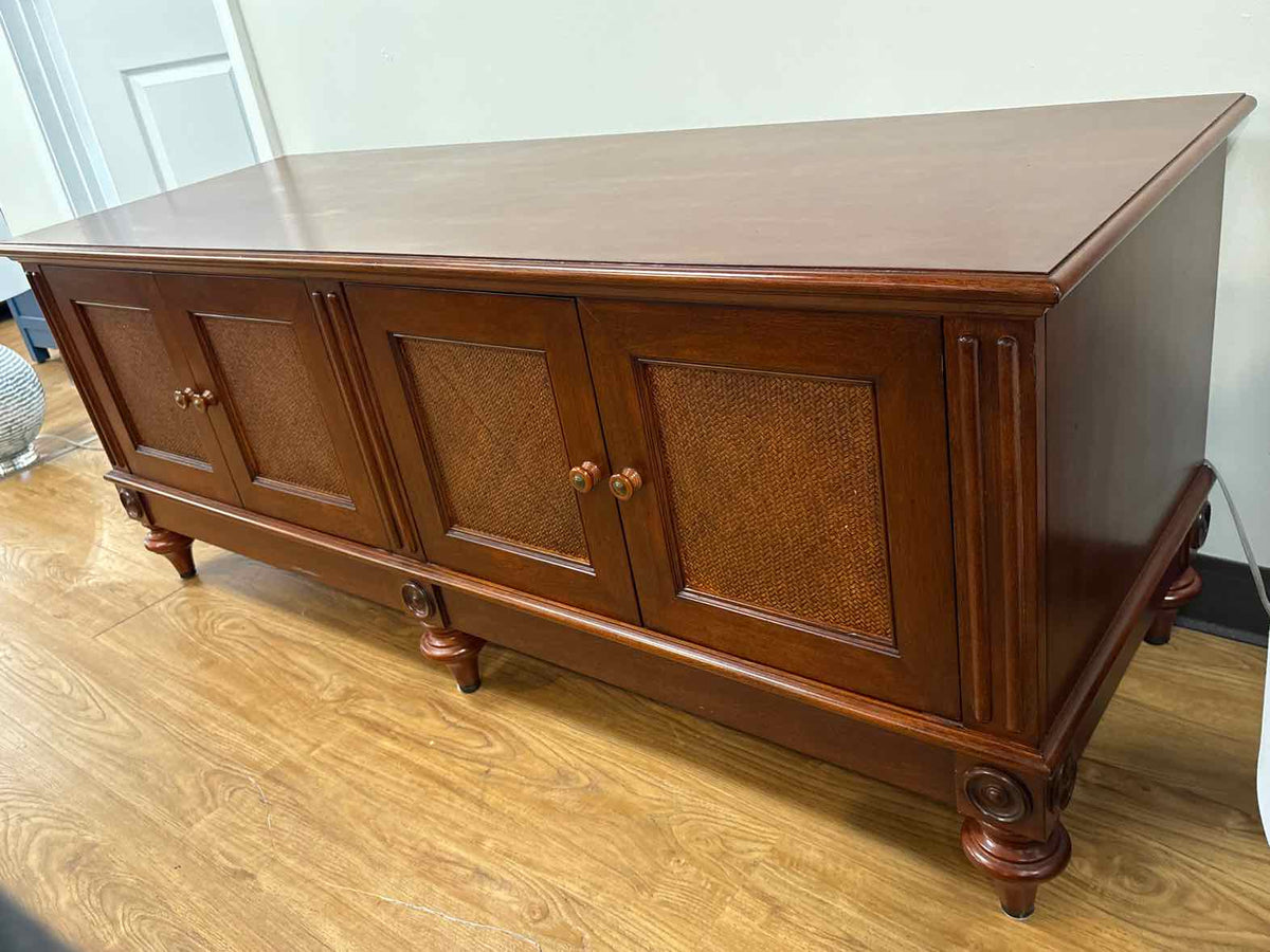 Ethan Allen Cherry 4 Door With Rattan Accents  Console