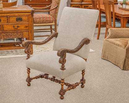 Carved Woodframe Armchair with Cream Linen Upholstery