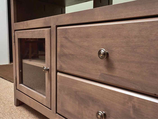 Gray Wash Media Furniture with 2 Glass Doors & 2 Drawers with Nickel Knobs