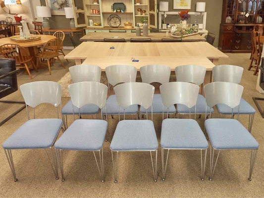 Set of 10 Regal Dining Chairs in Blue Uphostery with Silver Finish Frame