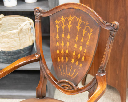 Burlwood Inlaid Round Pedestal Dining Table & Set of 4 Carved Inlaid Armchairs