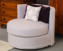 PB Teen Roundabout Pale Lavendar Swivel Chair with White Welt & Toss Pillows