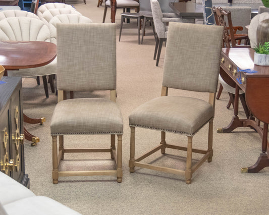 Restoration Hardware Pair Of Upholstered Taupe  Dining Chairs W/ Nailhead Trim
