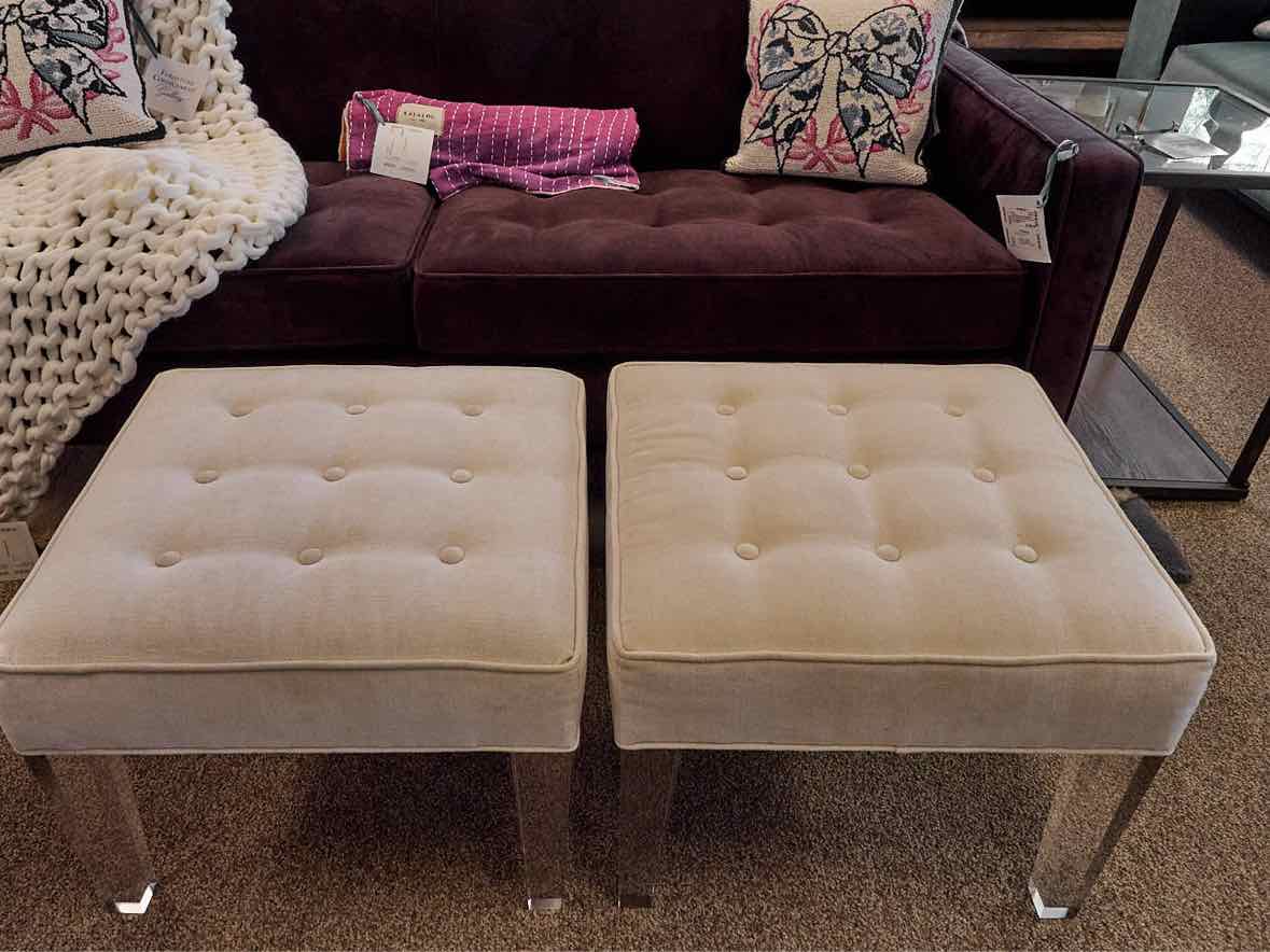 Pair of MG+BW Vanilla Upholstered Ottomans with Acrylic Legs