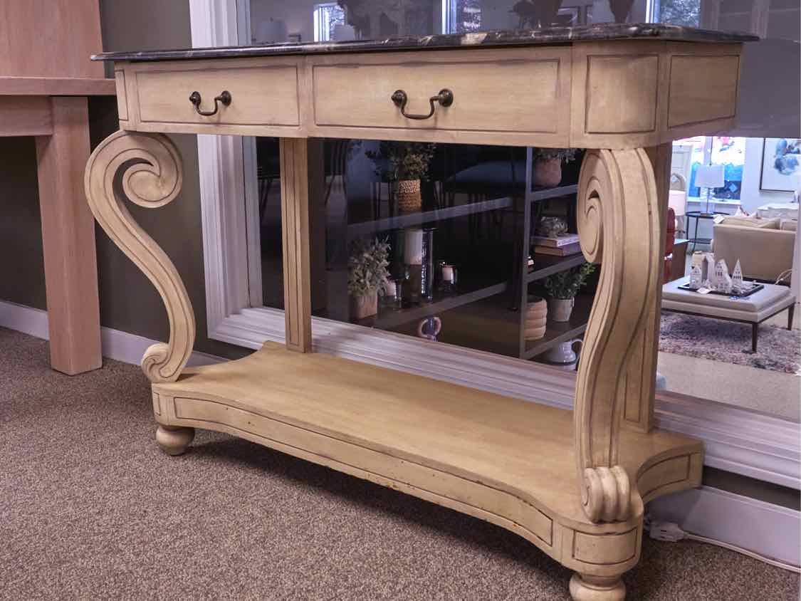 Scrolled Base Console in Antique Yellow with Black Faux Marble Top