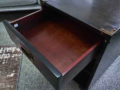 Pair of Walnut Campaign Style 1 Drawer Nightstands