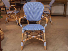 Set Of (4) Frontgate Bamboo Arm Frame Periwinkle  & White Woven  Bistro Chairs