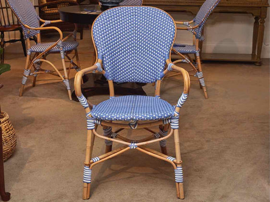 Set Of (4) Frontgate Bamboo Arm Frame Periwinkle  & White Woven  Bistro Chairs