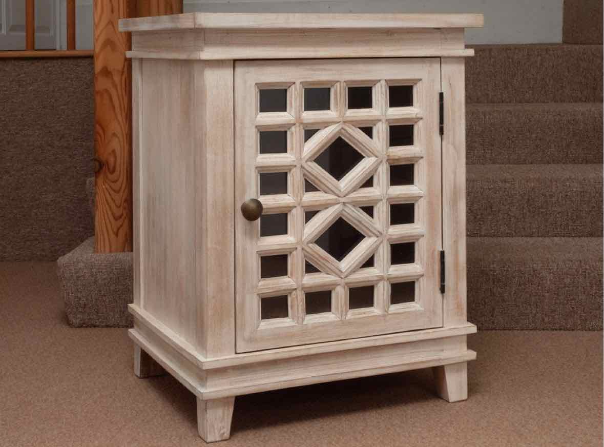 Pair of Pottery Barn Whitewashed Lattice Front Glass Door Nightstands
