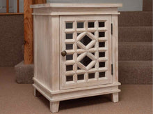 Pair of Pottery Barn Whitewashed Lattice Front Glass Door Nightstands