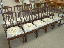 Set of 10 Mahogany Dining Chairs with Ikat Seats in Grey, Tan & Cream