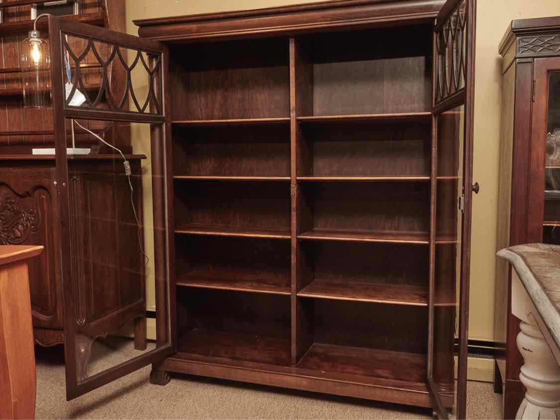 Cherry Double Glass Door Carved Columns  8 Adjustable Shelf Bookcase