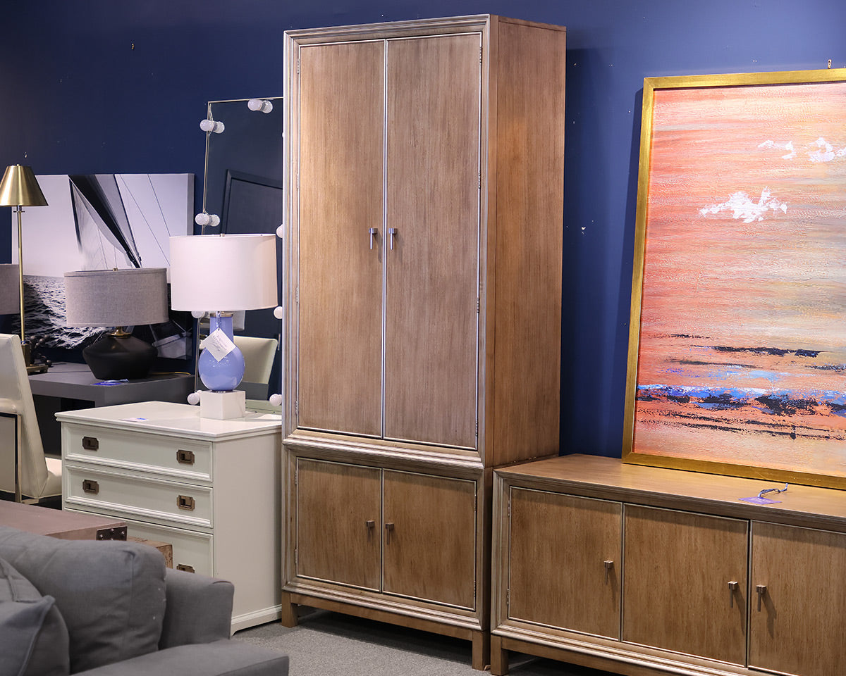Hickory White Custom Tall Cabinet in Drifted Wood with Silver Trim