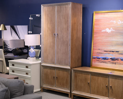 Hickory White Custom Tall Cabinet in Drifted Wood with Silver Trim