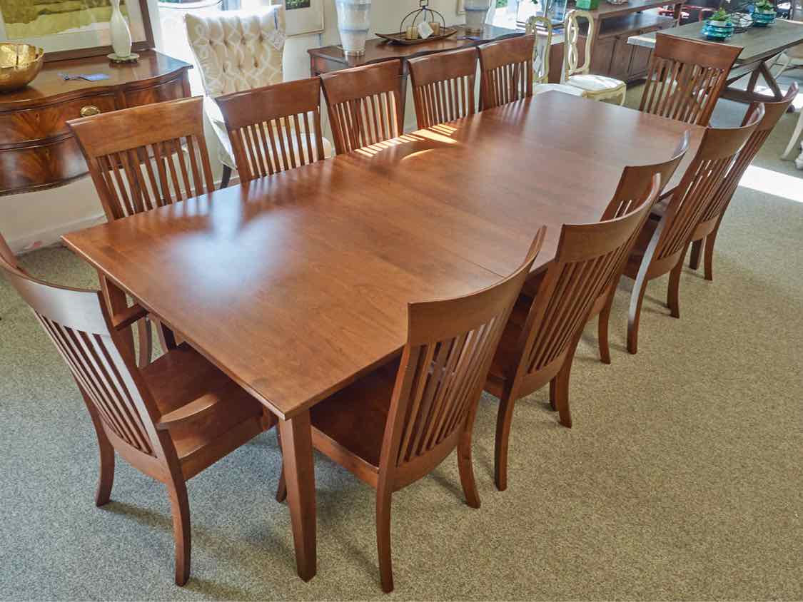 Fusion Designs Solid Cherry Dining Table & Set of 12 Slatback Chairs
