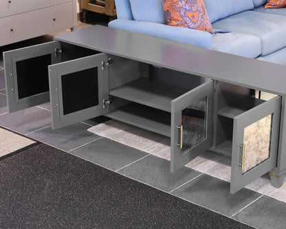 Custom Media Console in Grey Finish with Mirrored Doors & Satin Gold Hardware