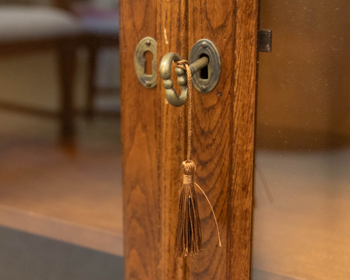 Two Piece Oak Wood Frame Paned Glass Display/ Library Cabinet