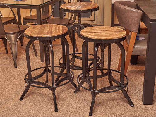 Set Of 3 Wooden Seat Industrial Style  Metal Legs Swivel Counter/Bar Stools