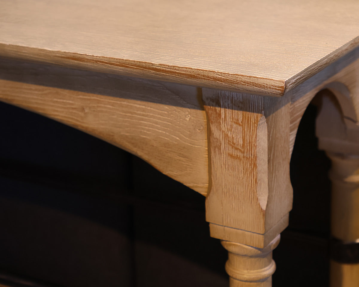 Custom Console Table in Rustic Ivory Finish with Iron Shelf Brace
