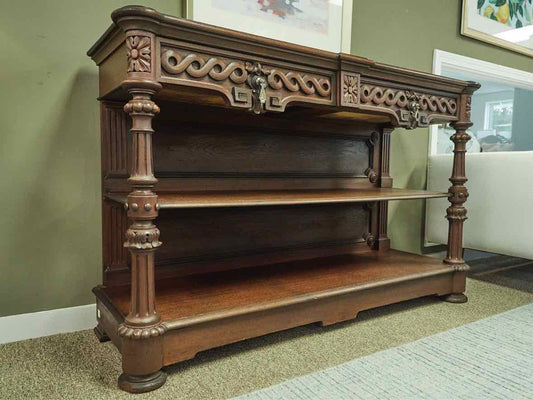 Carved Walnut Open Server with Drawers, Pewter Pulls and Two Shelves