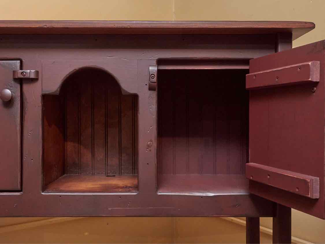 Colonial Hunt Board in Antique Barn Red Finish with 2 Doors & Open Storage Space