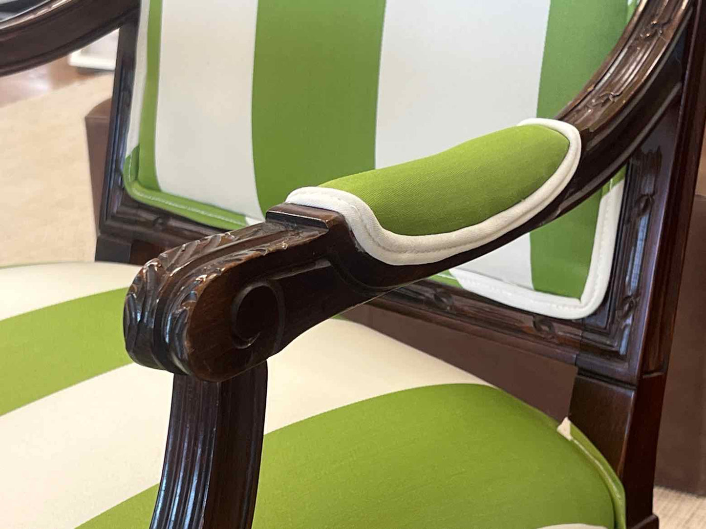 Pair of Green and White Striped Sheraton Chairs