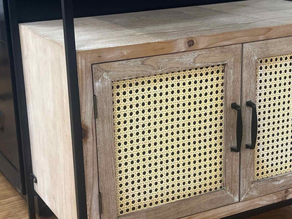 White Wash 2-Door Cabinet w/ Rattan Accent